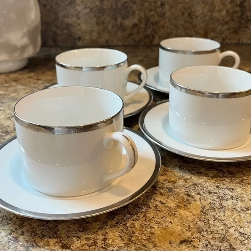 Pier 1 Monno Bangladesh Elegant White and Silver Tea Cups and Saucers Set of 4